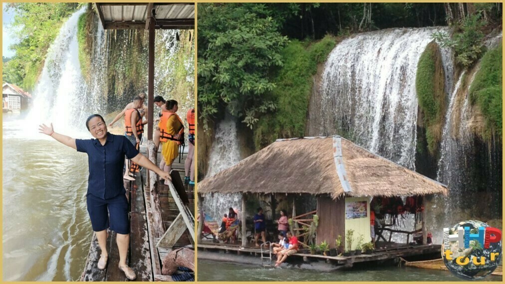 Плот с туристами под водопадом Сайок Як для гидромассажа в Канчанабури, на двухдневной экскурсии "Река Квай + Сафари".
