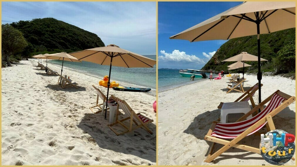 Морская экскурсия из Паттайи на необитаемый остров Paradise. Белоснежный песок на Ko Chuang, широкие зонты, удобные лежаки.