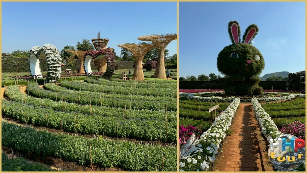 Красивый кленовый сад без клёнов на экскурсии Квай Сафари и Каньон Летающего Дракона. Заяц и другие декорации для фото.