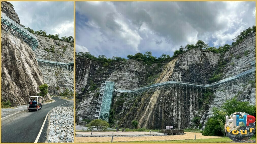 Узкая тропа из стекла на скале в храме Wat Khao Tham Thiam. Экскурсия Квай Сафари и Каньон Летающего Дракона.