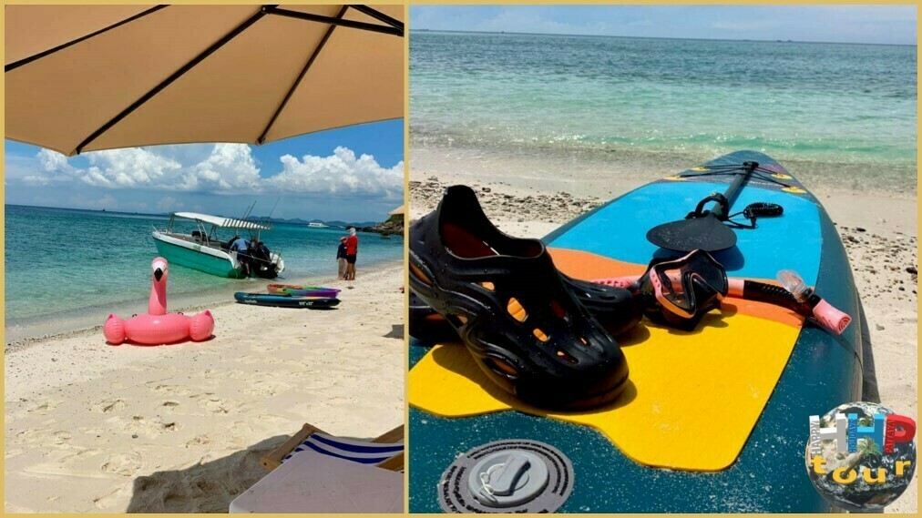 Морская экскурсия из Паттайи на необитаемый остров Paradise. Сапборд, корралки, надувной круг в виде розового фламинго, скоростной катер со спиннингами.