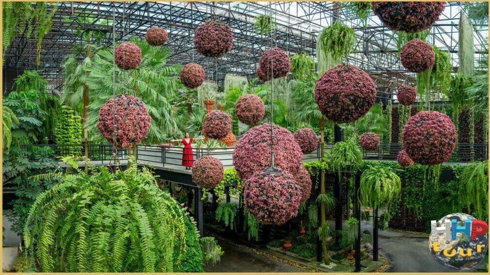 Девушка в Небесном саду среди ботанических шаров, которые рассредоточены по всей территории. На экскурсии в парке Нонг Нуч Паттайя.