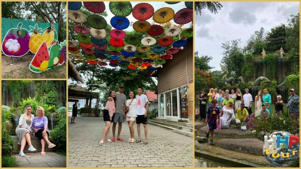 #Знакомство с Сиамом. Фото под зонтиками, туристы на фоне водопада, декорации в виде фруктов.