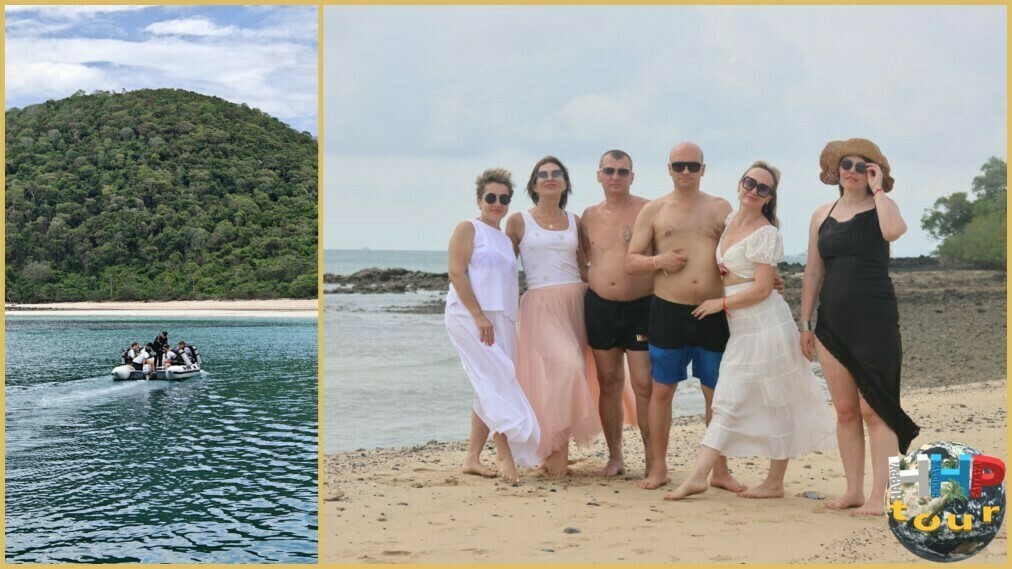 Моторная лодка от катера на пустынный пляж дальнего острова. Экскурсия "Побег в океан". 