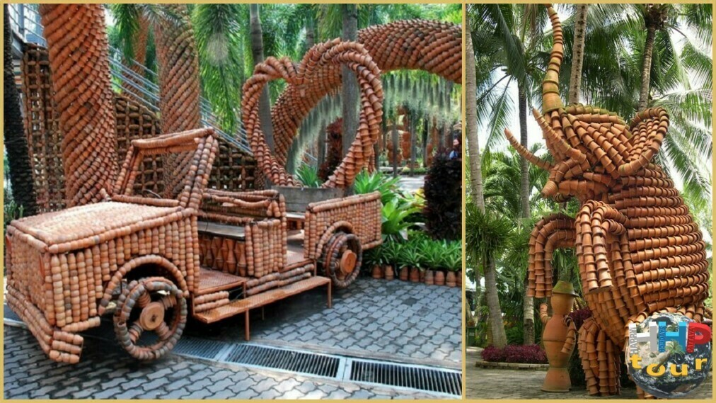 Изваяние слона и пикап из керамических горшков. Парк Нонг Нуч Паттайя.