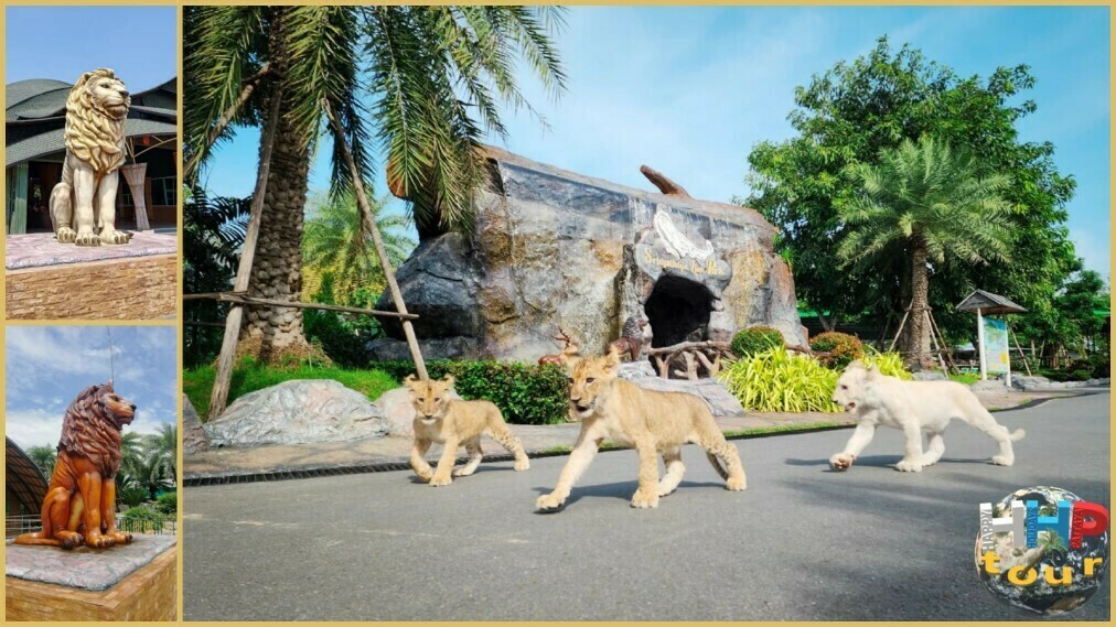 Sriayuthaya Lion Park. Статуи львам и львята перед входом.