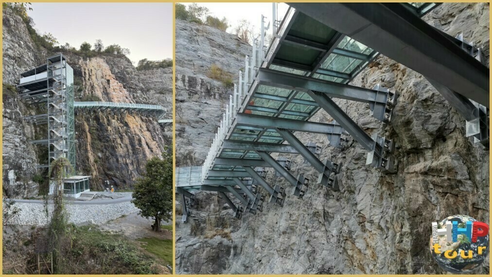 Панорамный лифт и узкая тропа из стекла на скале в храме Wat Khao Tham Thiam. Экскурсия Квай Сафари и Каньон Летающего Дракона.