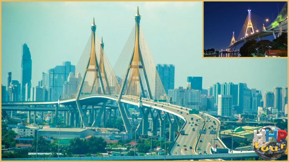 9 Чуде Бангкока. Мост Бхумибол днём и вечером с иллюминацией.