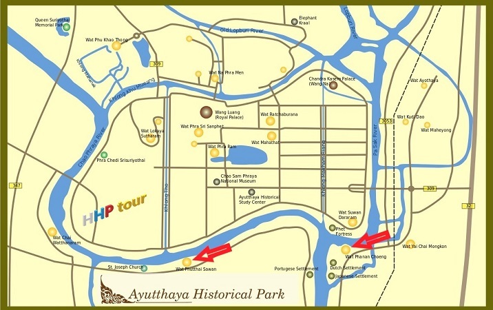 Исторический Парк Айуттайя. Карта речного маршрута вокруг острова.